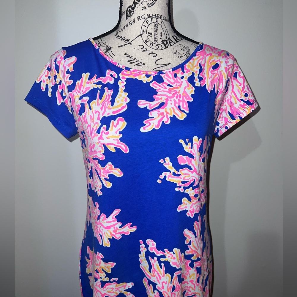 Lilly Pulitzer Pima Cotton T-Shirt Dress Coral Reef Print Blue Pink Small - Picture 2 of 9